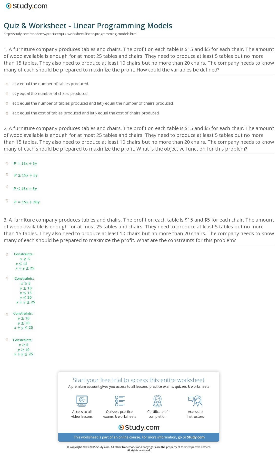 Quiz  Worksheet  Linear Programming Models  Study Throughout Linear Programming Worksheet