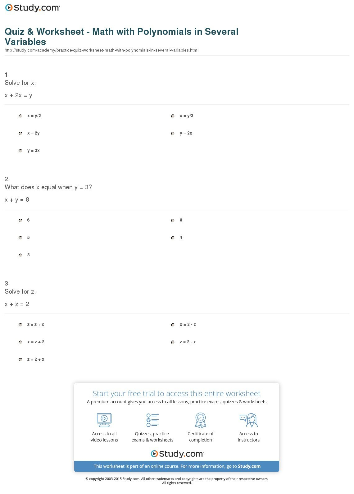Quiz  Worksheet  Math With Polynomials In Several Variables Or Operations With Polynomials Worksheet