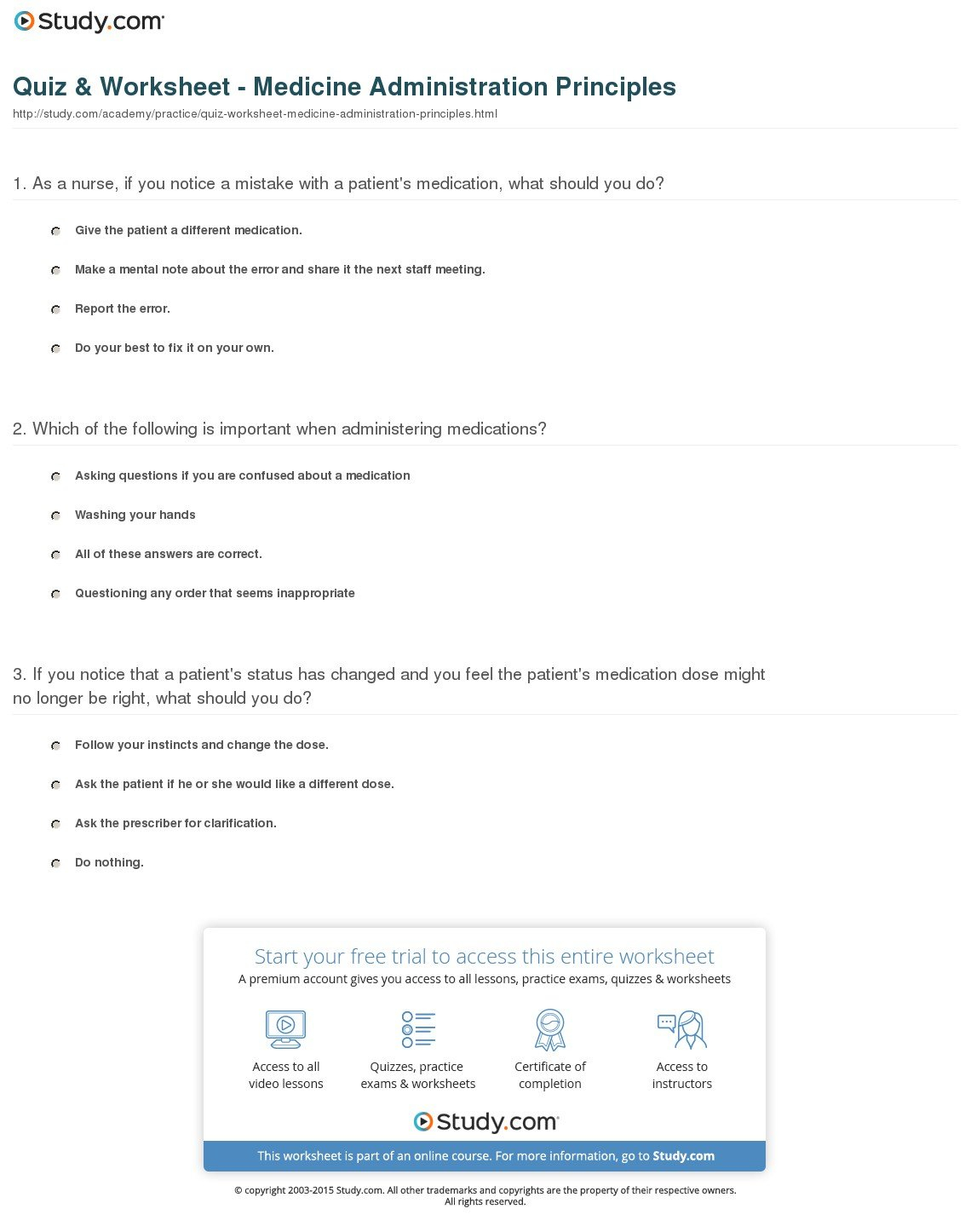 Quiz  Worksheet  Medicine Administration Principles  Study Within Medication Management Worksheet