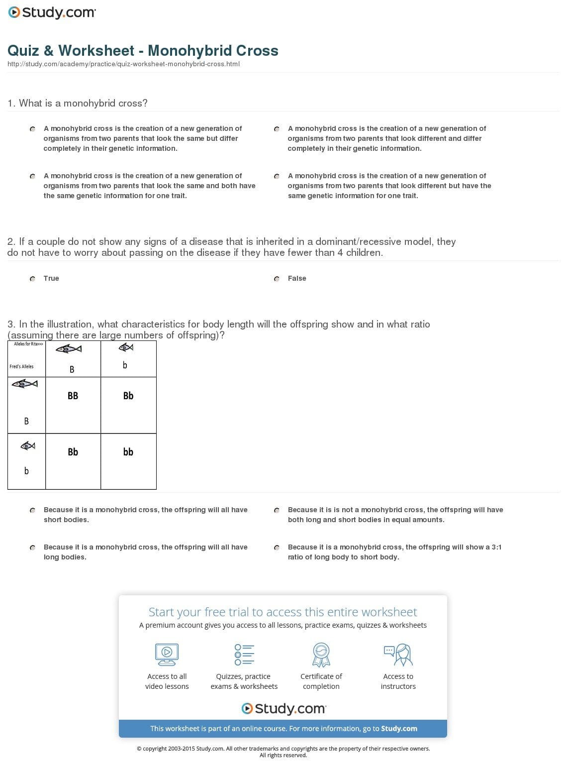 Quiz  Worksheet  Monohybrid Cross  Study Also Monohybrid Cross Practice Problems Worksheet