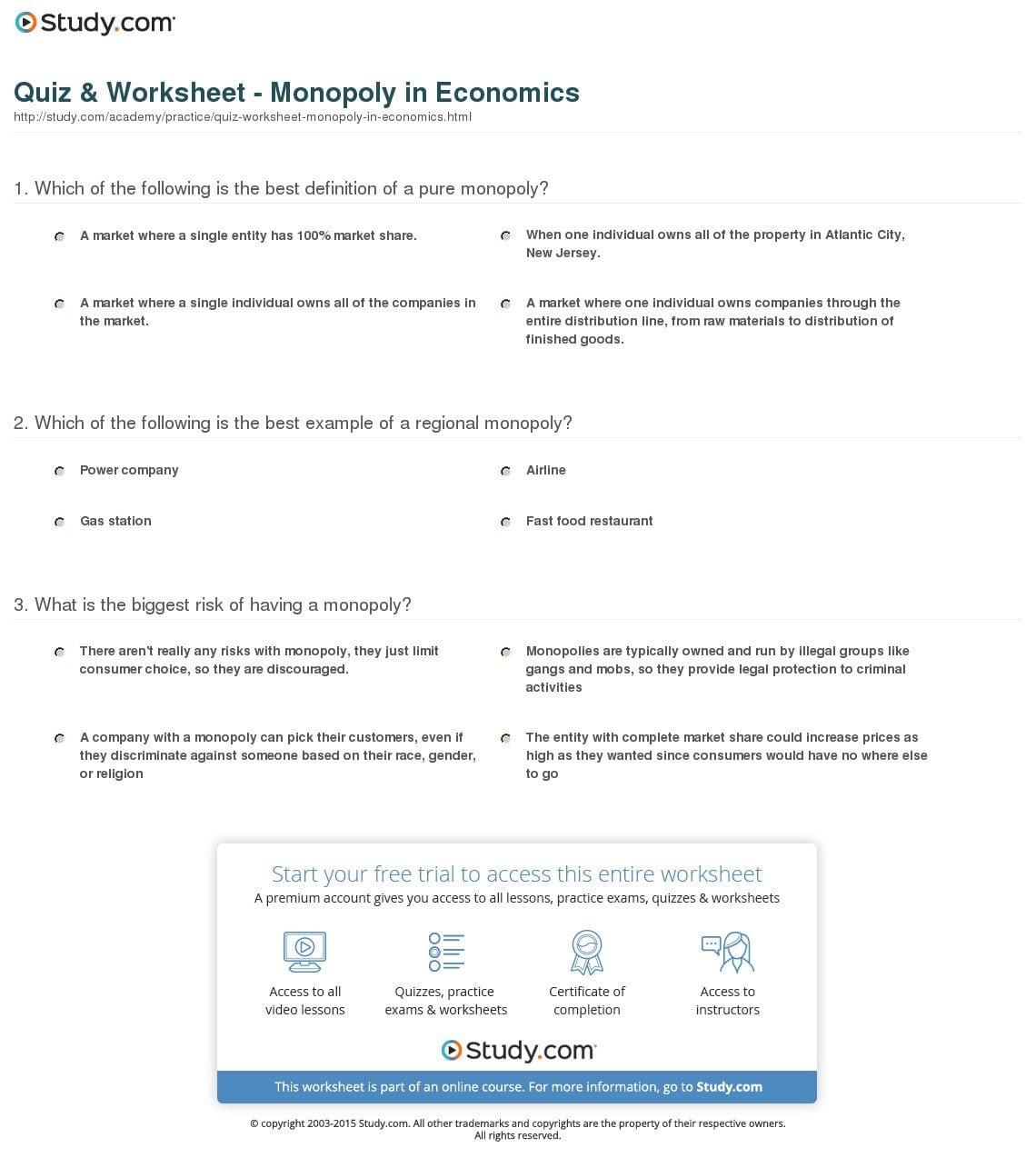 Quiz  Worksheet  Monopoly In Economics  Study With Economics Worksheet Answers