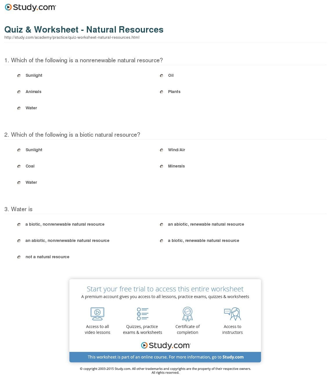 Quiz  Worksheet  Natural Resources  Study In Natural Resources Worksheets Pdf