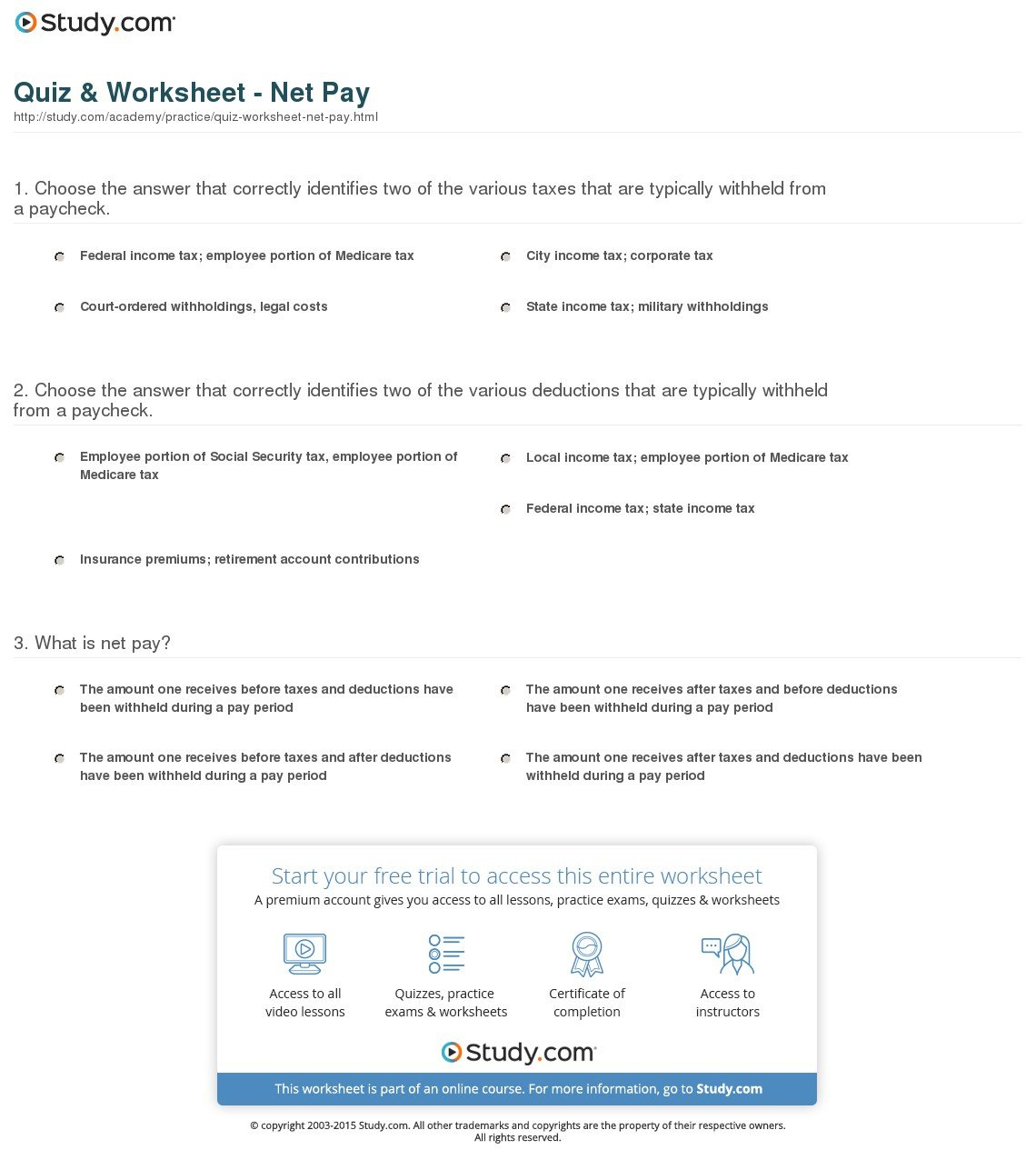 Quiz  Worksheet  Net Pay  Study With Calculating Your Paycheck Salary Worksheet 1 Answer Key