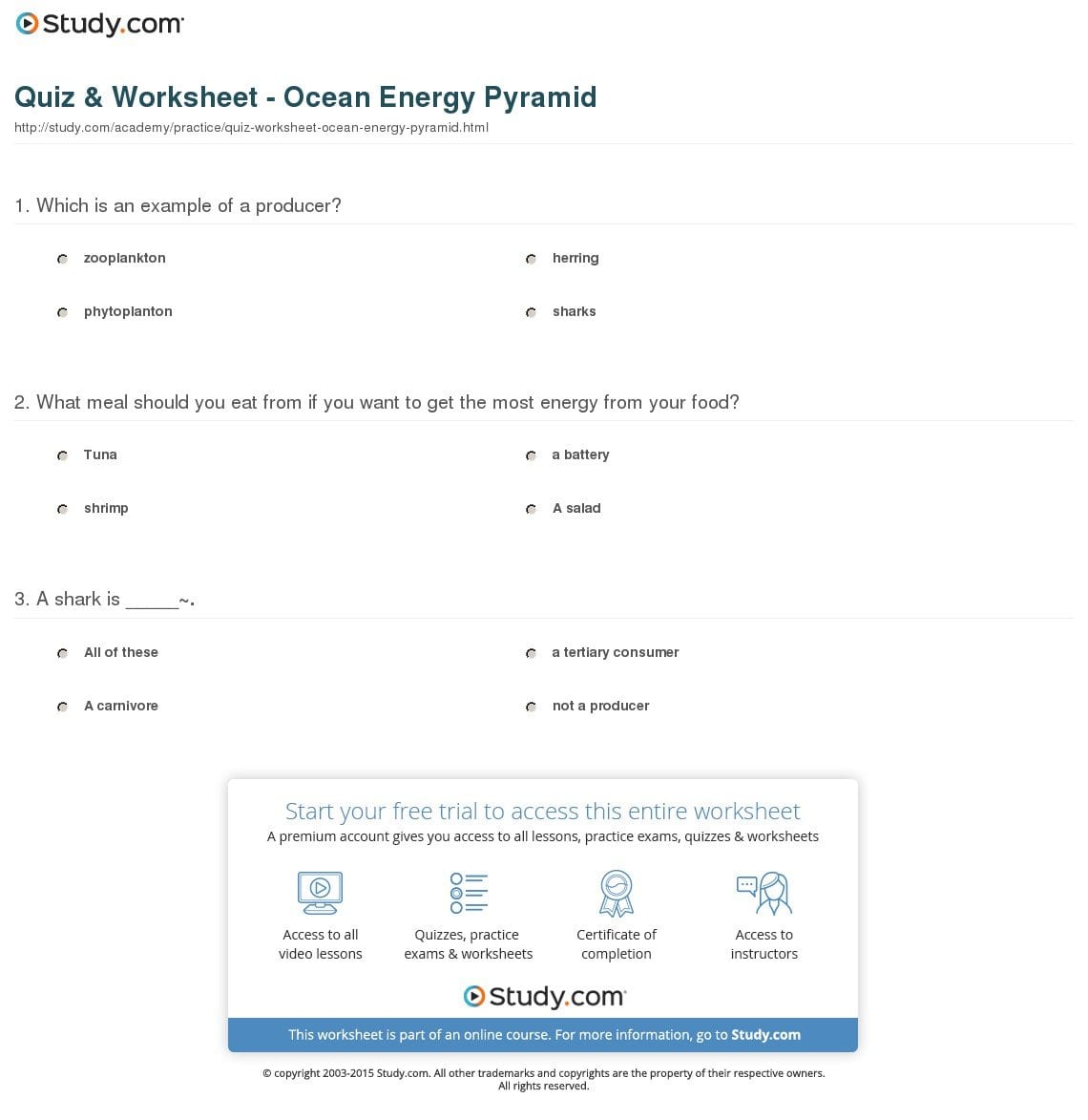 Quiz  Worksheet  Ocean Energy Pyramid  Study Along With Energy Pyramid Worksheet