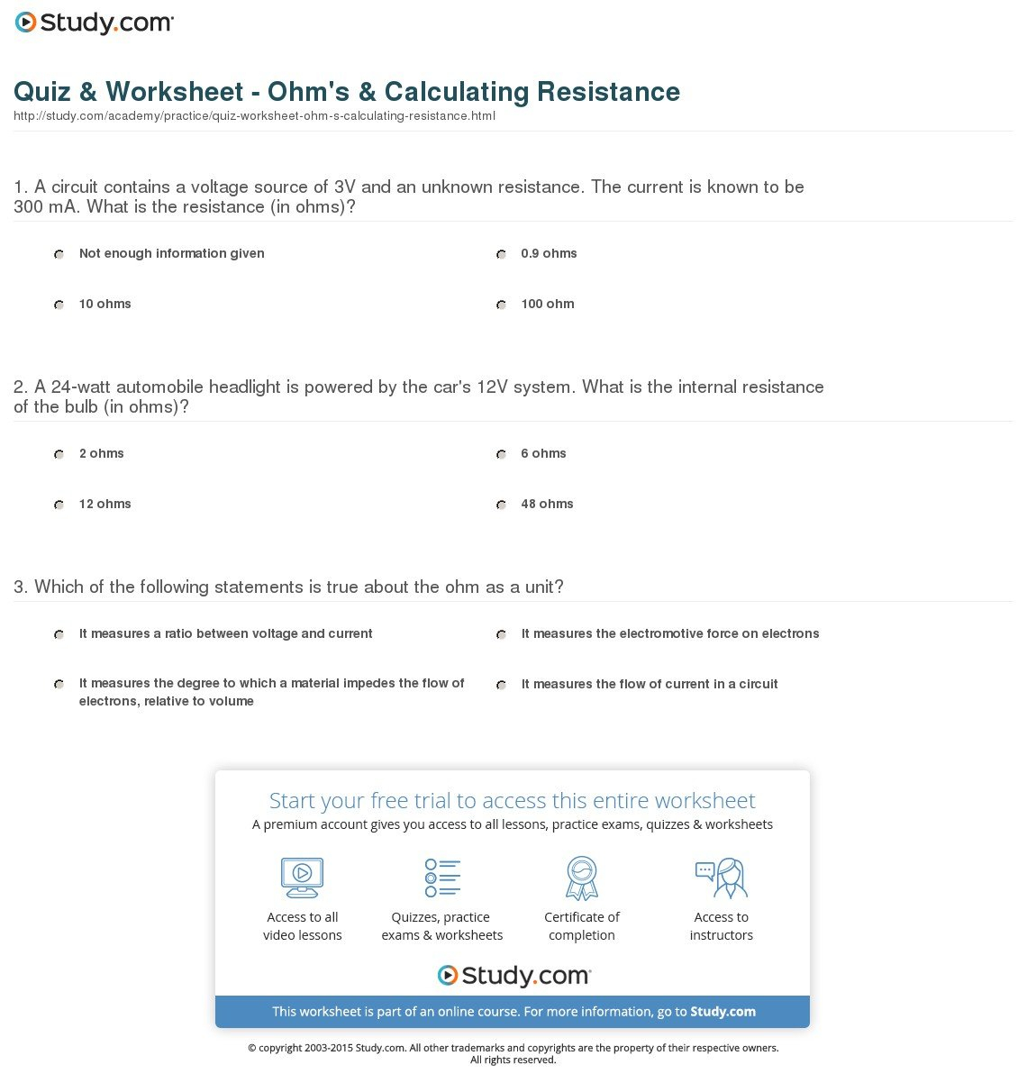 Quiz  Worksheet  Ohm's  Calculating Resistance  Study With Voltage Current And Resistance Worksheet