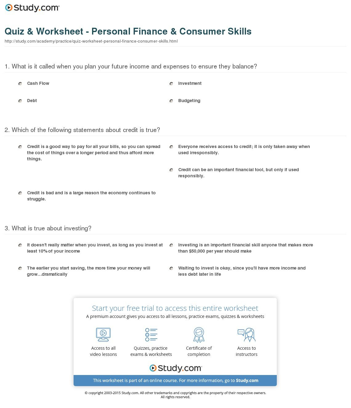 Quiz  Worksheet  Personal Finance  Consumer Skills  Study Intended For Personal Finance High School Worksheets