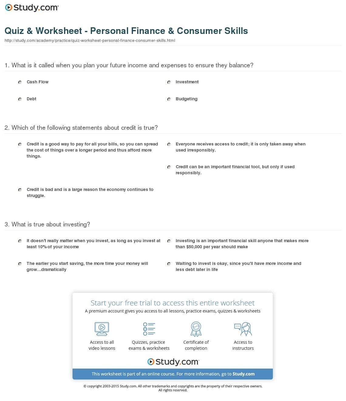 Quiz  Worksheet  Personal Finance  Consumer Skills  Study Together With Personal Finance Worksheets