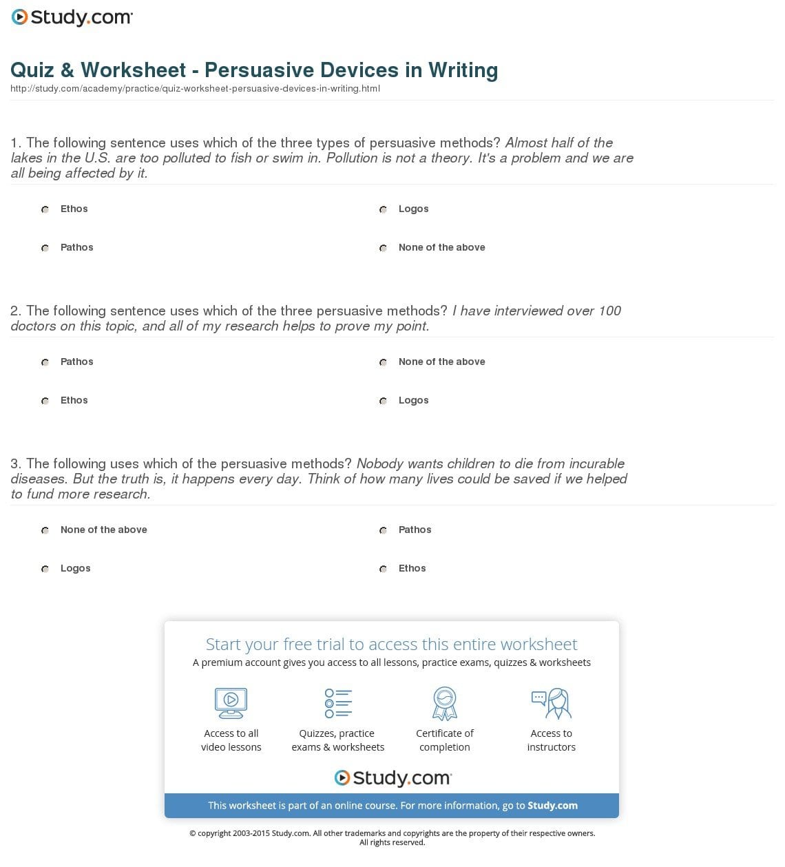 Quiz  Worksheet  Persuasive Devices In Writing  Study And Using Persuasive Techniques Worksheet Answers