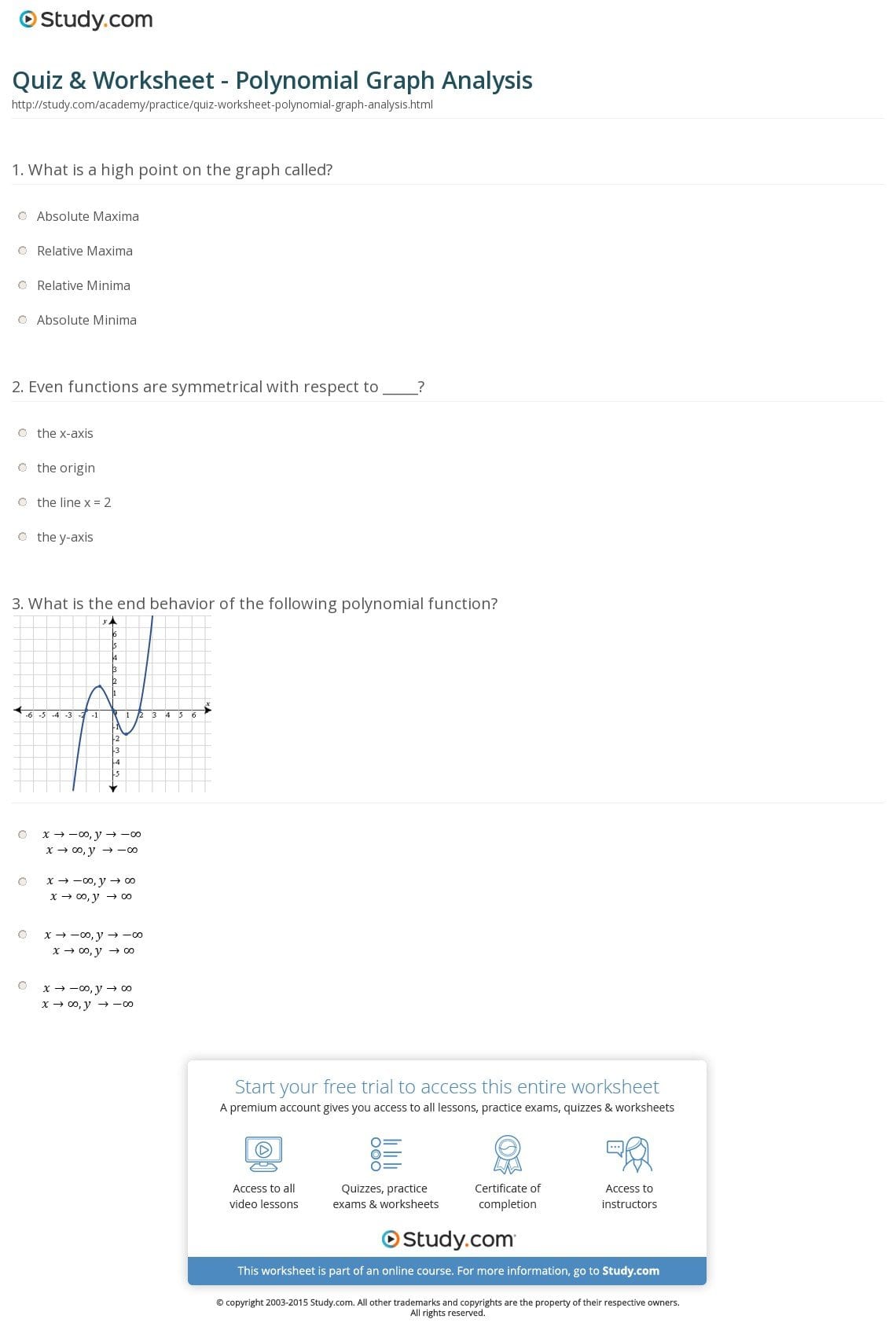 Quiz  Worksheet  Polynomial Graph Analysis  Study For Graphing Polynomial Functions Worksheet Answers