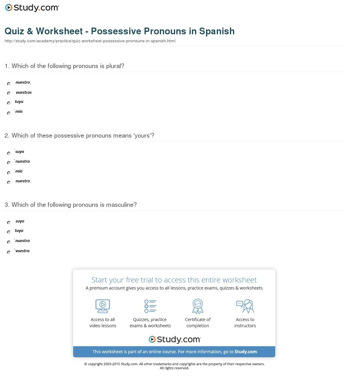 Quiz  Worksheet  Possessive Pronouns In Spanish  Study Along With Worksheet 2 Possessive Adjectives Spanish Answers