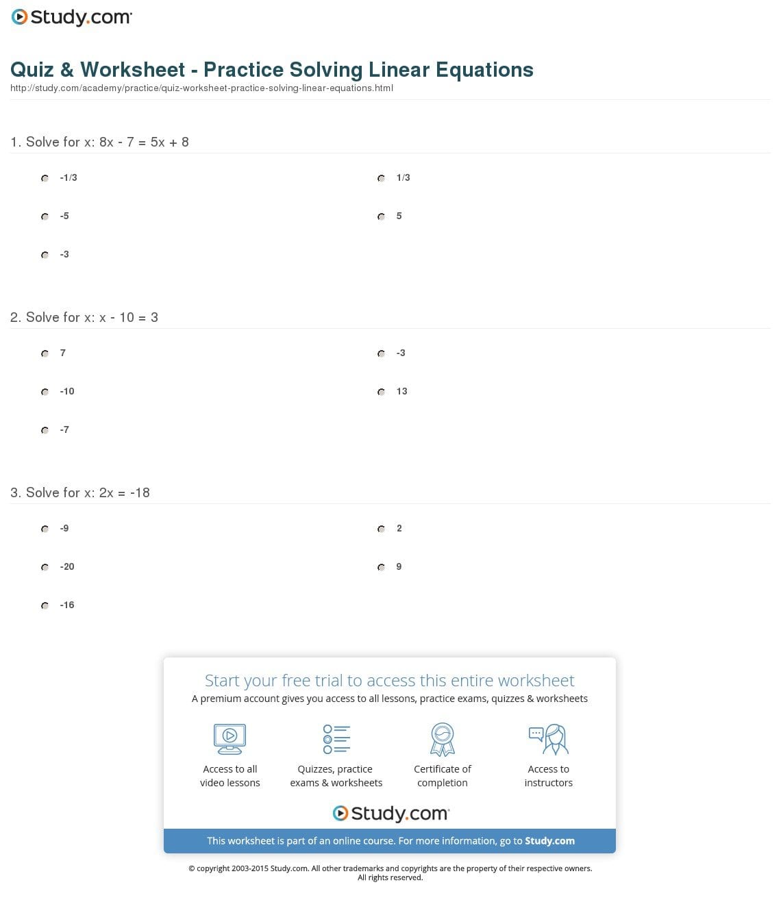 Quiz  Worksheet  Practice Solving Linear Equations  Study Within Linear Equations Worksheet With Answers