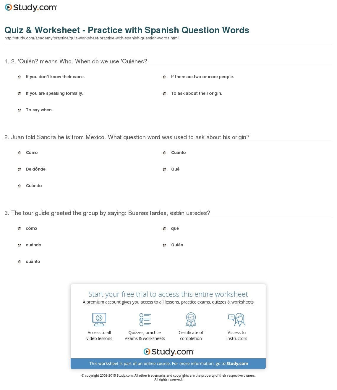 Quiz  Worksheet  Practice With Spanish Question Words  Study Regarding Spanish Interrogatives Worksheet Pdf