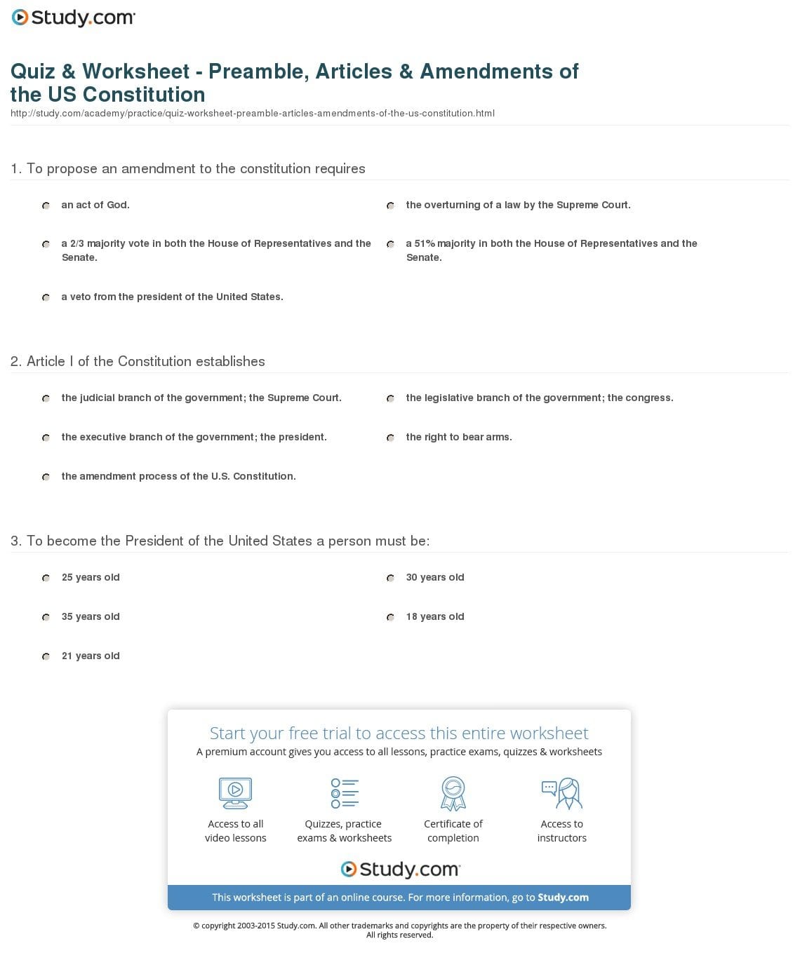 Quiz  Worksheet  Preamble Articles  Amendments Of The Us Or The Us Constitution Worksheet Answers