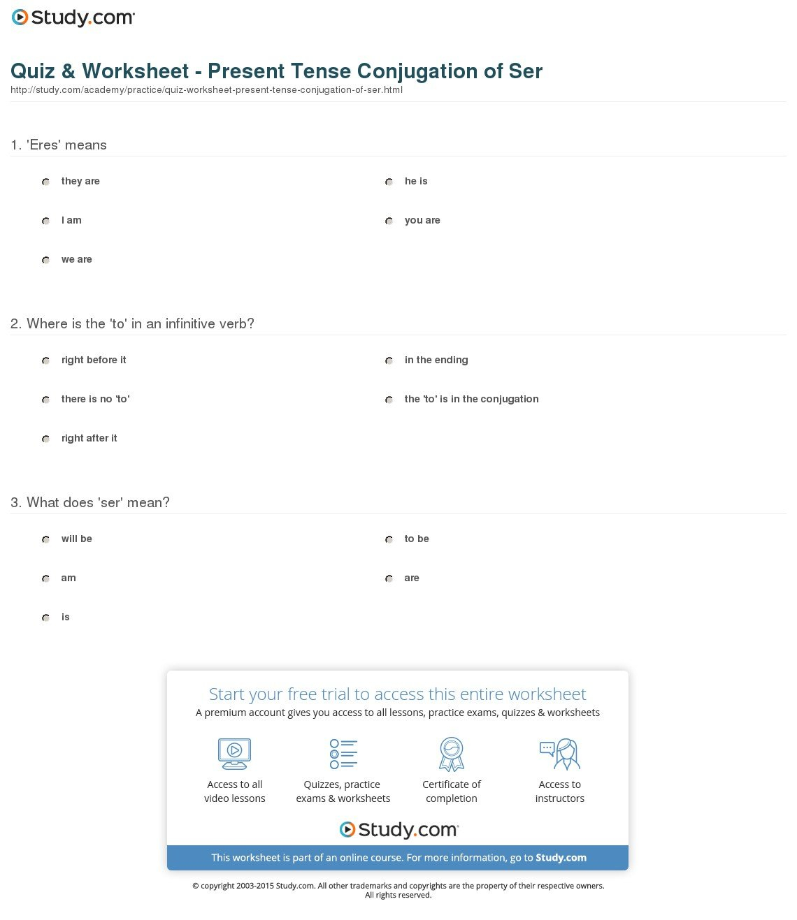 Quiz  Worksheet  Present Tense Conjugation Of Ser  Study In 2 3 Present Tense Of Estar Worksheet Answers