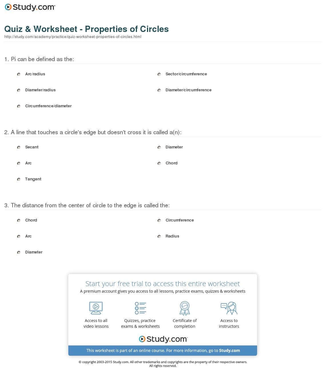 Quiz  Worksheet  Properties Of Circles  Study Together With Circles Worksheet Answers