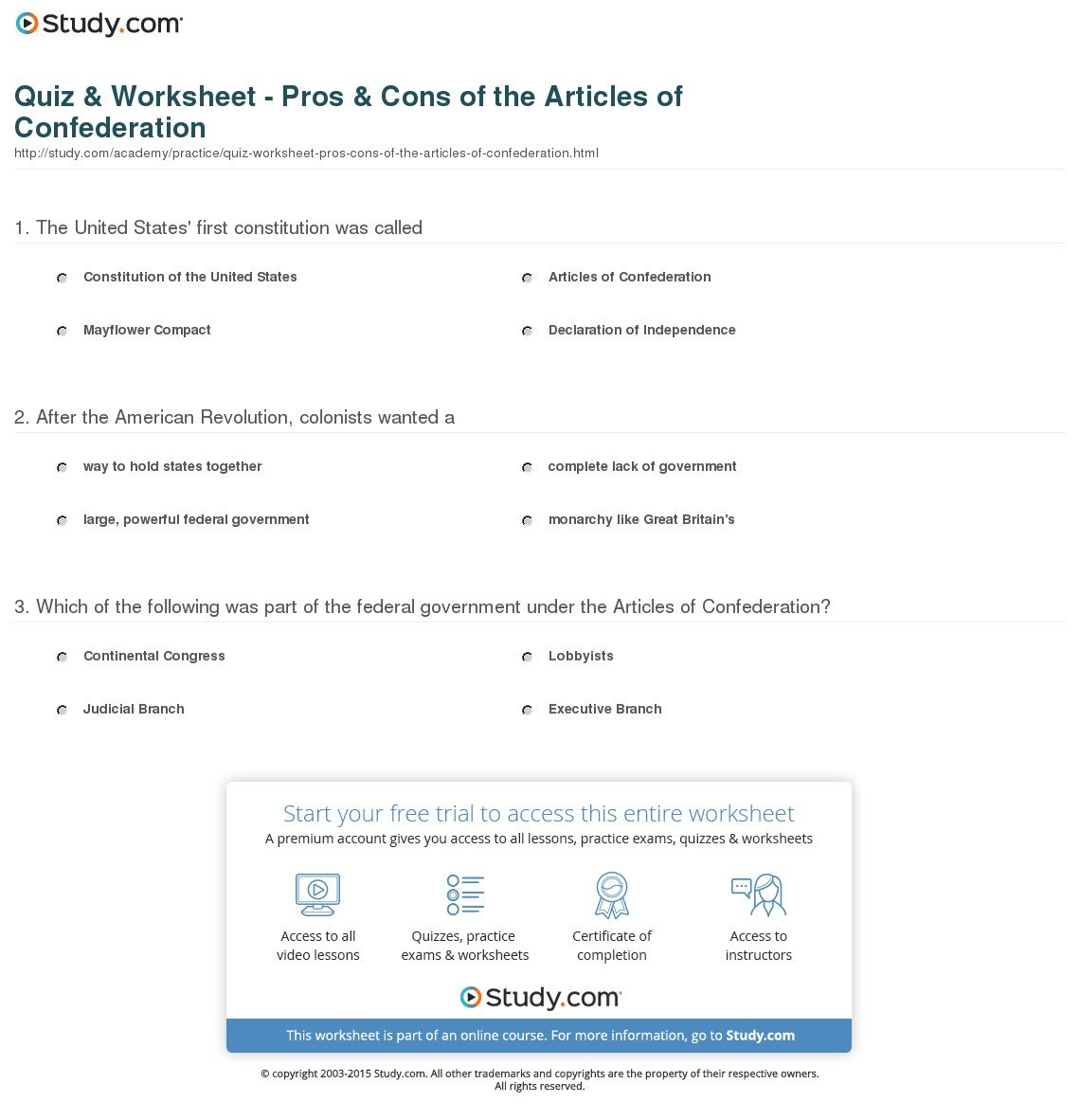 Quiz  Worksheet  Pros  Cons Of The Articles Of Confederation Regarding Articles Of Confederation Worksheet Middle School