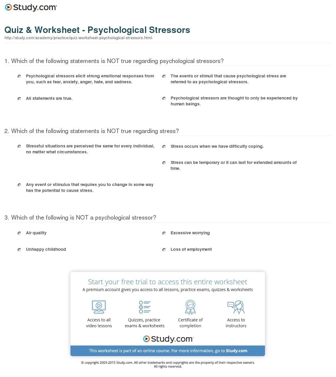 Quiz  Worksheet  Psychological Stressors  Study In Psychology Worksheets With Answers