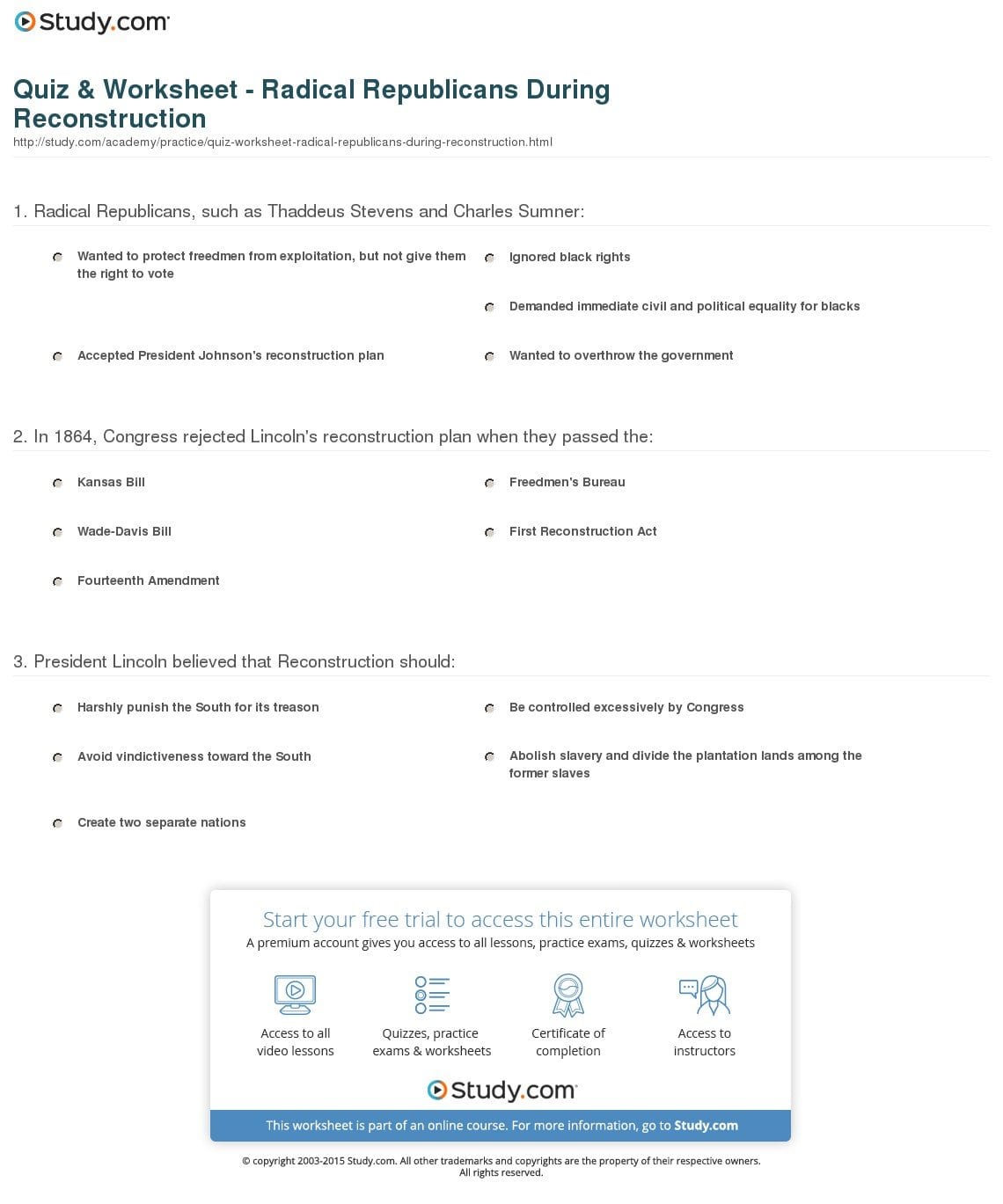 Quiz  Worksheet  Radical Republicans During Reconstruction  Study And Radical Republican Reconstruction Worksheet Answers