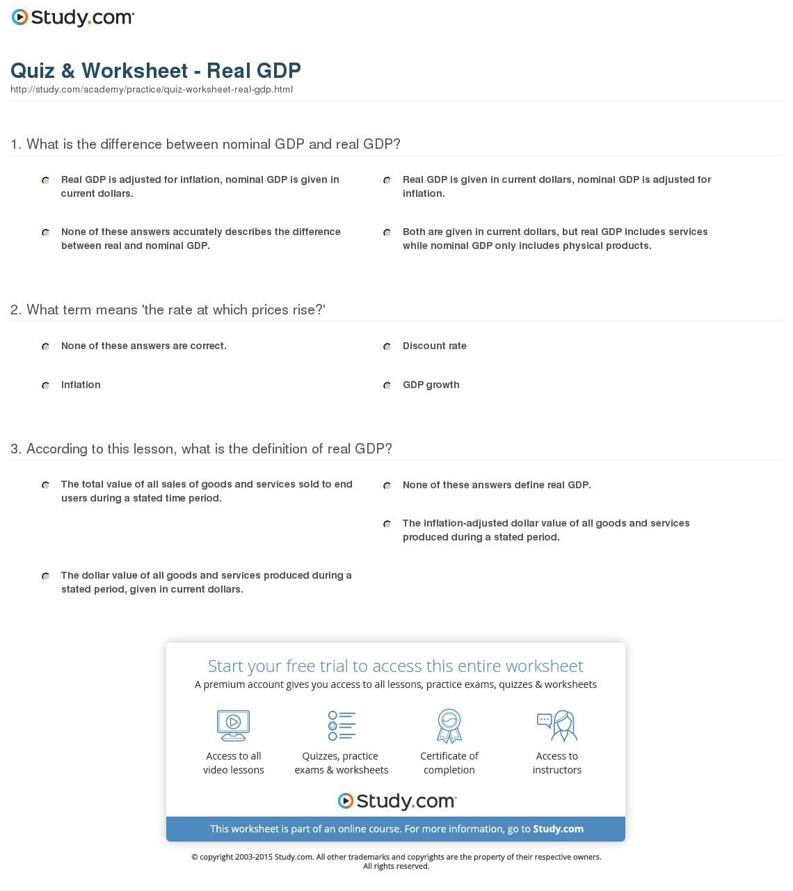 Quiz  Worksheet  Real Gdp  Study For Gdp Worksheet Answers