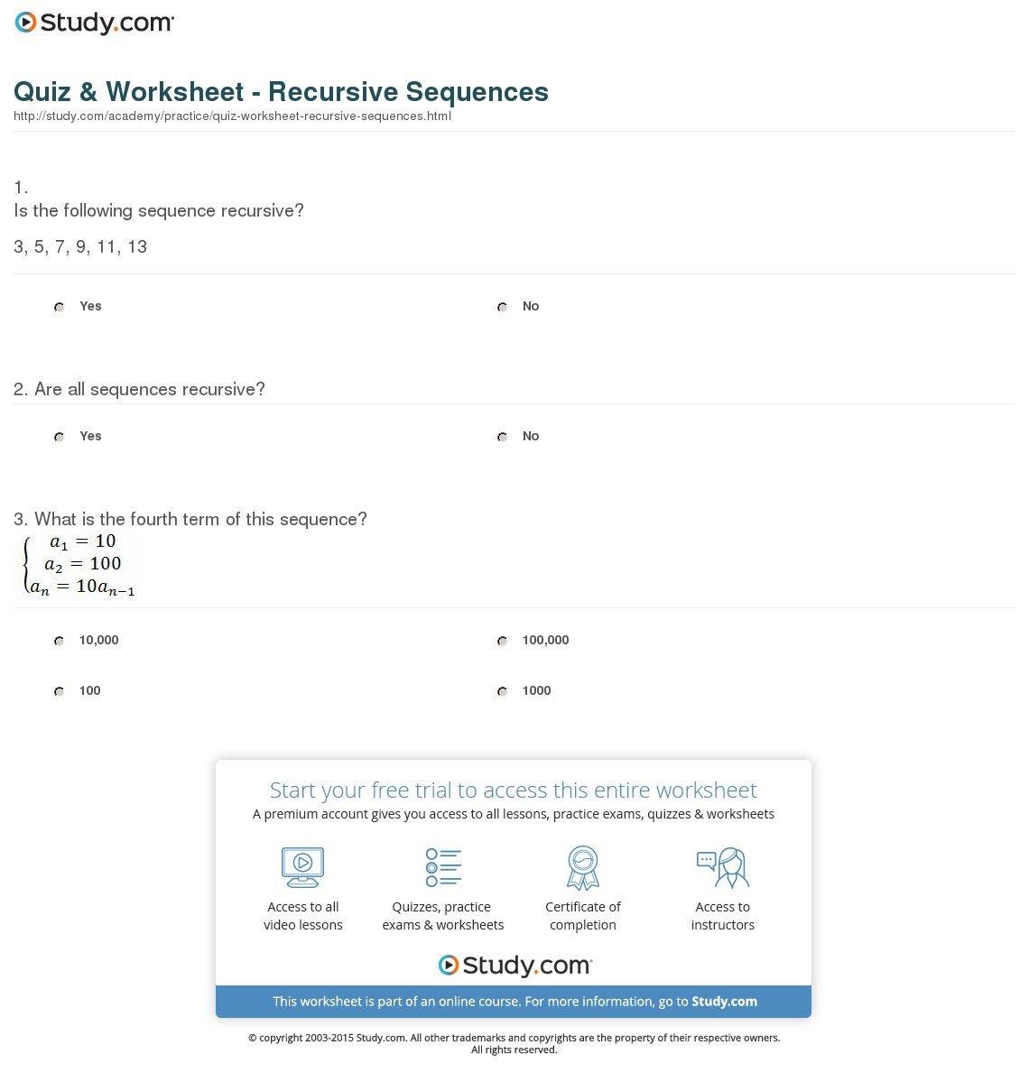 Quiz  Worksheet  Recursive Sequences  Study Intended For Explicit And Recursive Sequences Practice Worksheet