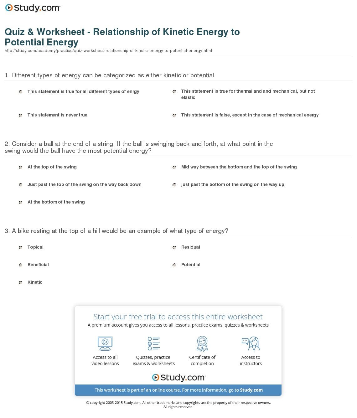 Quiz  Worksheet  Relationship Of Kinetic Energy To Potential In Kinetic Energy And Potential Energy Worksheet