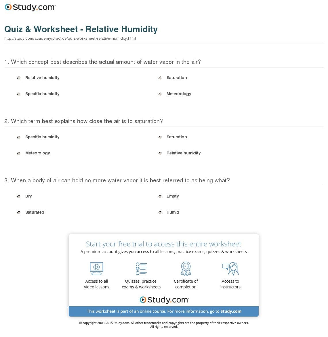 Quiz  Worksheet  Relative Humidity  Study Pertaining To Relative Humidity Practice Problems Worksheet Answers