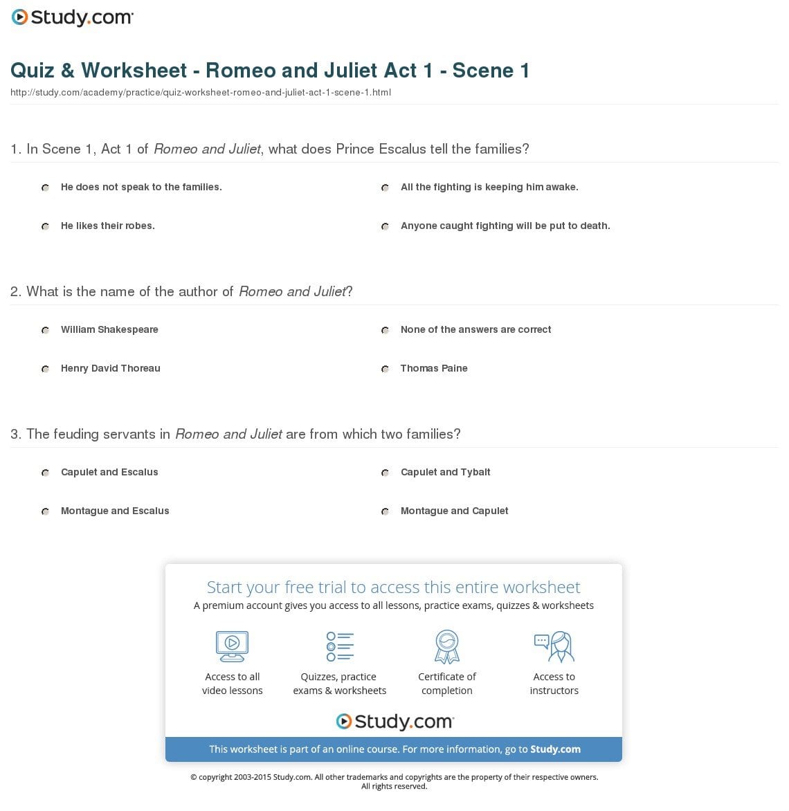 Quiz  Worksheet  Romeo And Juliet Act 1  Scene 1  Study For Romeo And Juliet Worksheets Act 1
