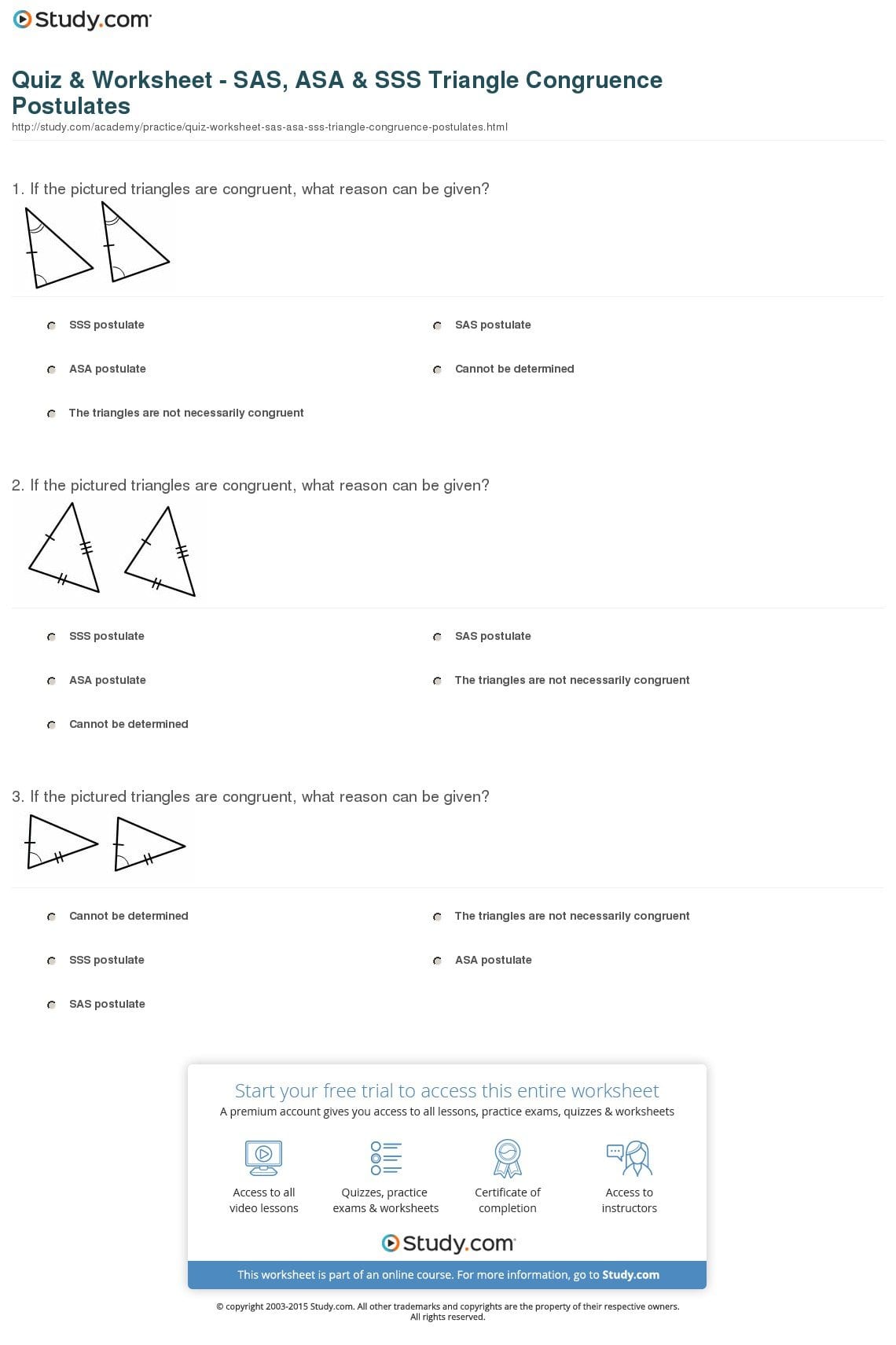 Quiz  Worksheet  Sas Asa  Sss Triangle Congruence Postulates And Asa And Aas Congruence Worksheet Answers