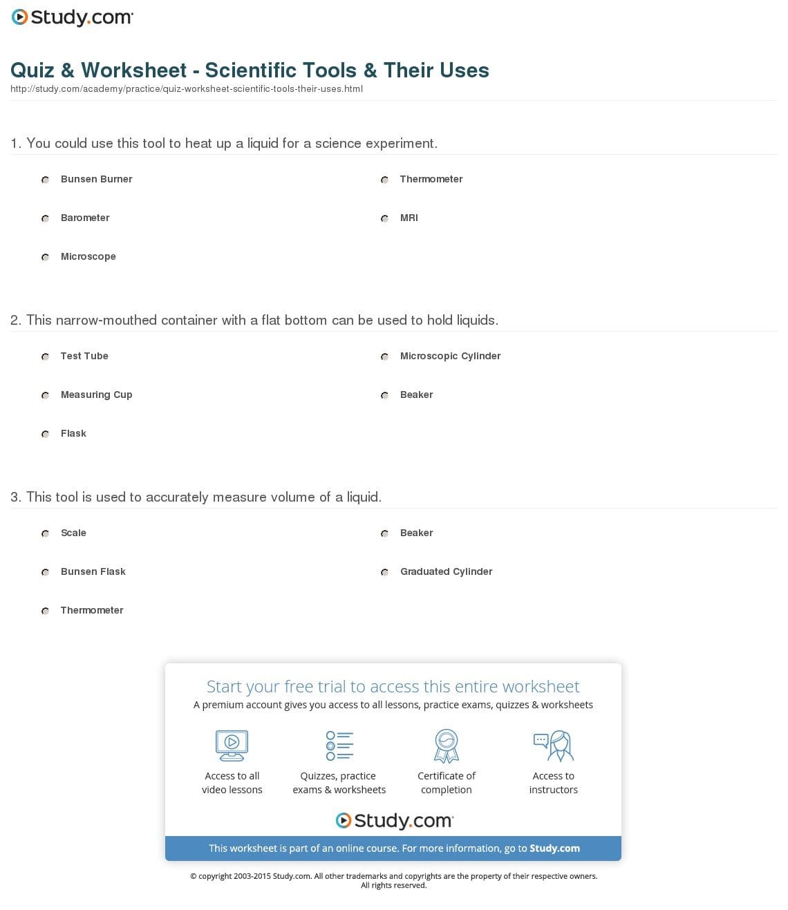 Quiz  Worksheet  Scientific Tools  Their Uses  Study Regarding Science Tools Worksheet