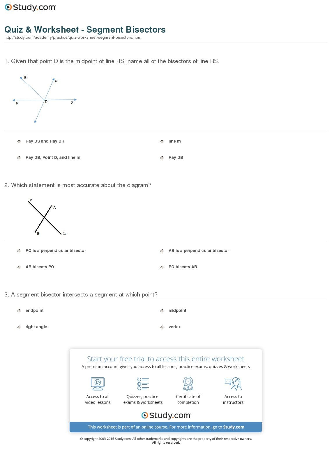 Quiz  Worksheet  Segment Bisectors  Study Throughout Midpoints And Segment Bisectors Worksheet Answers