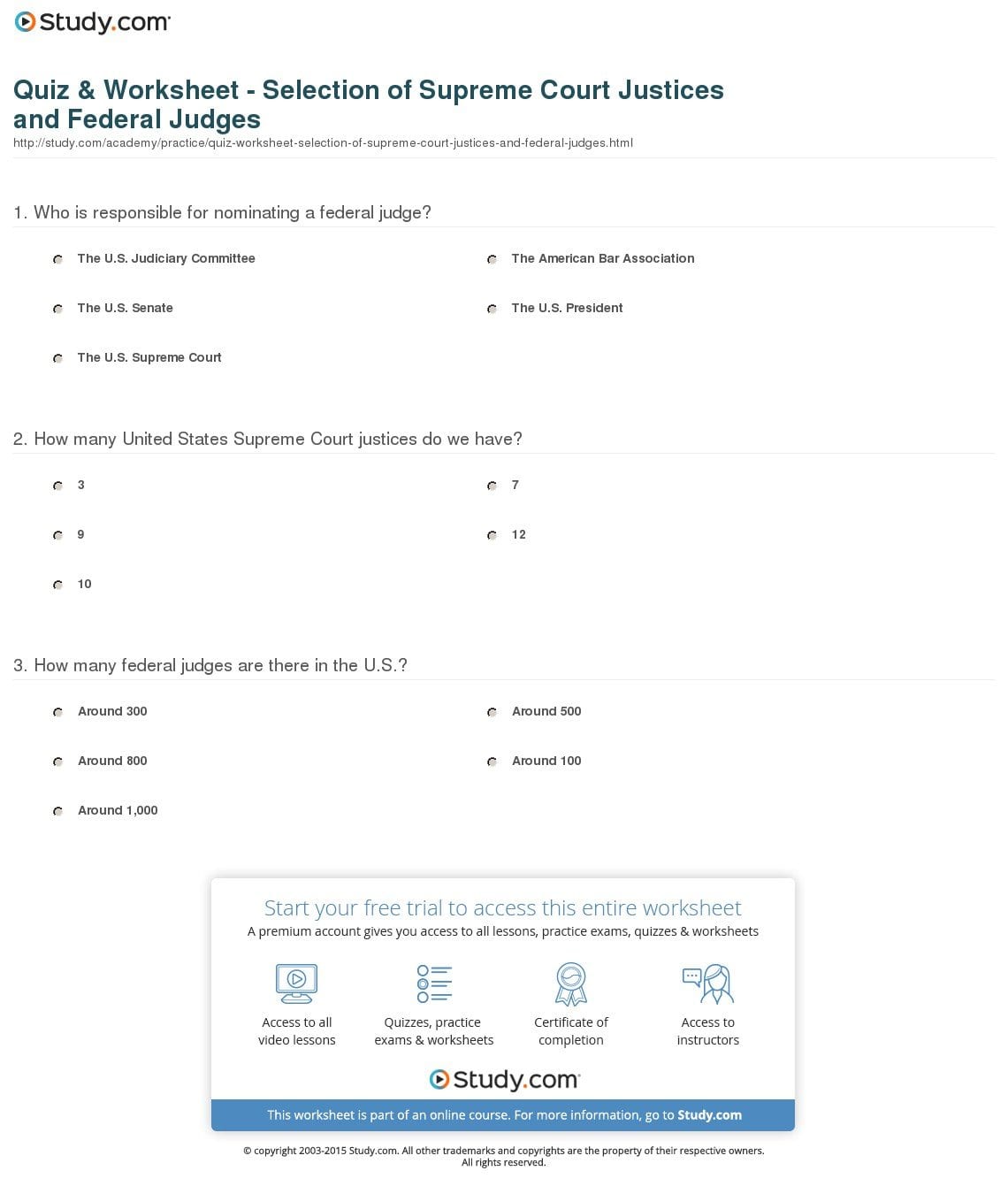 Quiz  Worksheet  Selection Of Supreme Court Justices And Federal For Supreme Court Nominations Worksheet Answers