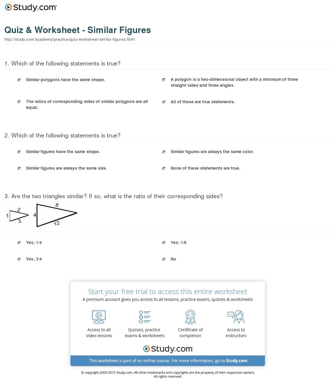 Quiz  Worksheet  Similar Figures  Study Regarding Similar Figures Worksheet Answer Key