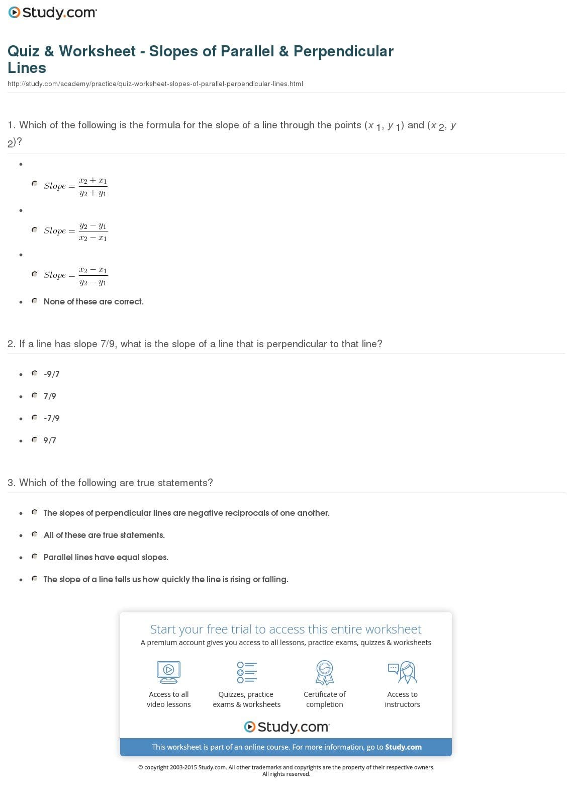 Quiz  Worksheet  Slopes Of Parallel  Perpendicular Lines  Study Within Parallel And Perpendicular Lines Worksheet Answers