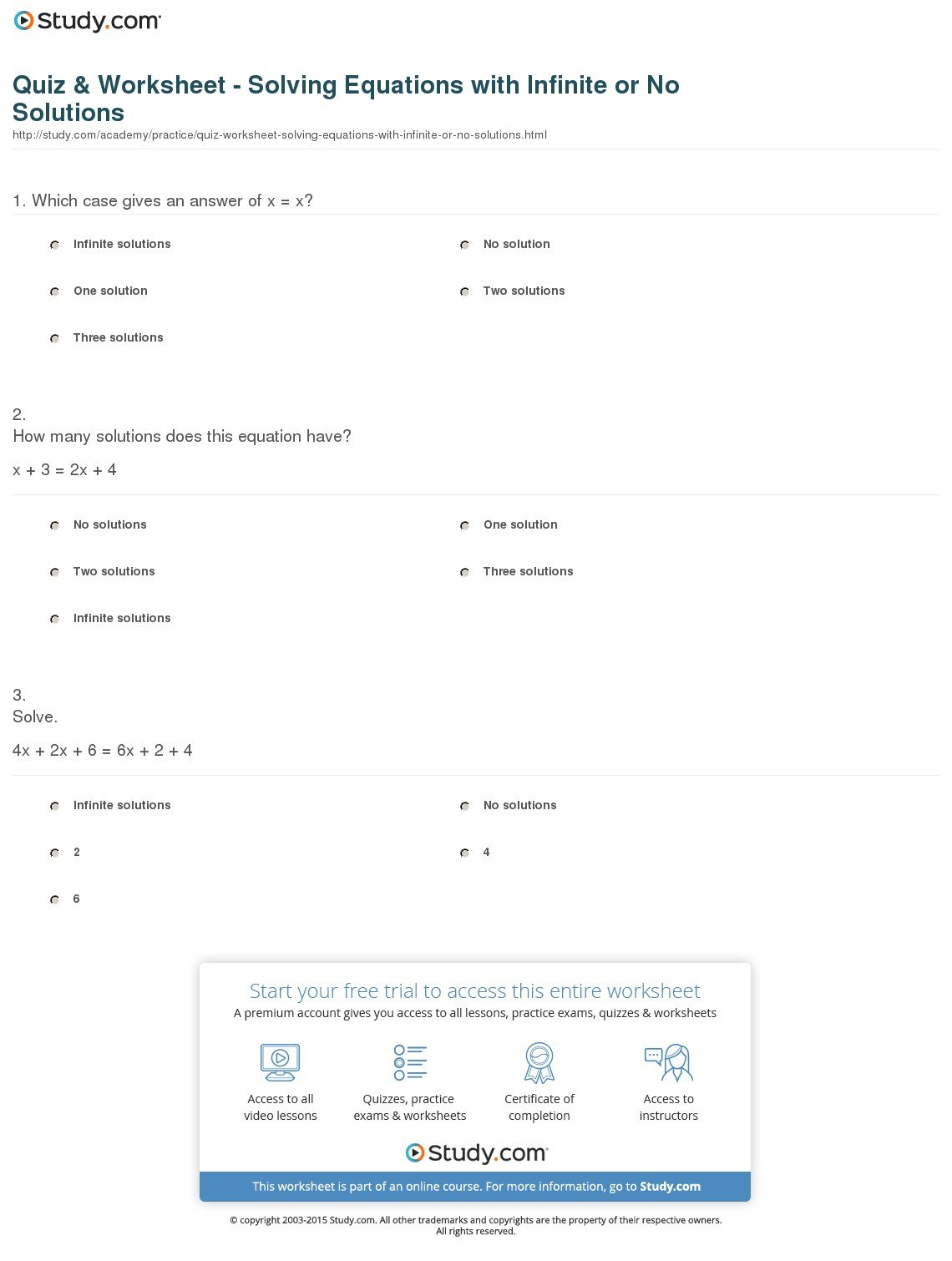 Quiz  Worksheet  Solving Equations With Infinite Or No Solutions Also One Solution No Solution Infinite Solutions Worksheet