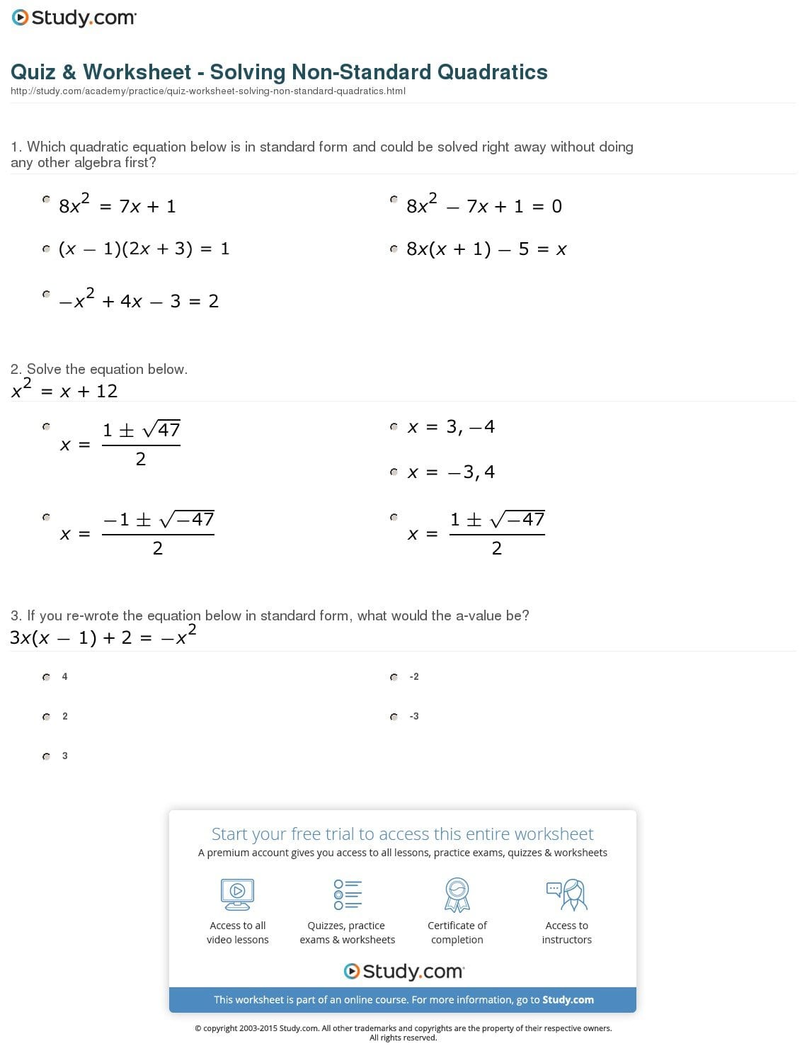 Quiz  Worksheet  Solving Nonstandard Quadratics  Study For Quadratic Equation Worksheet With Answers
