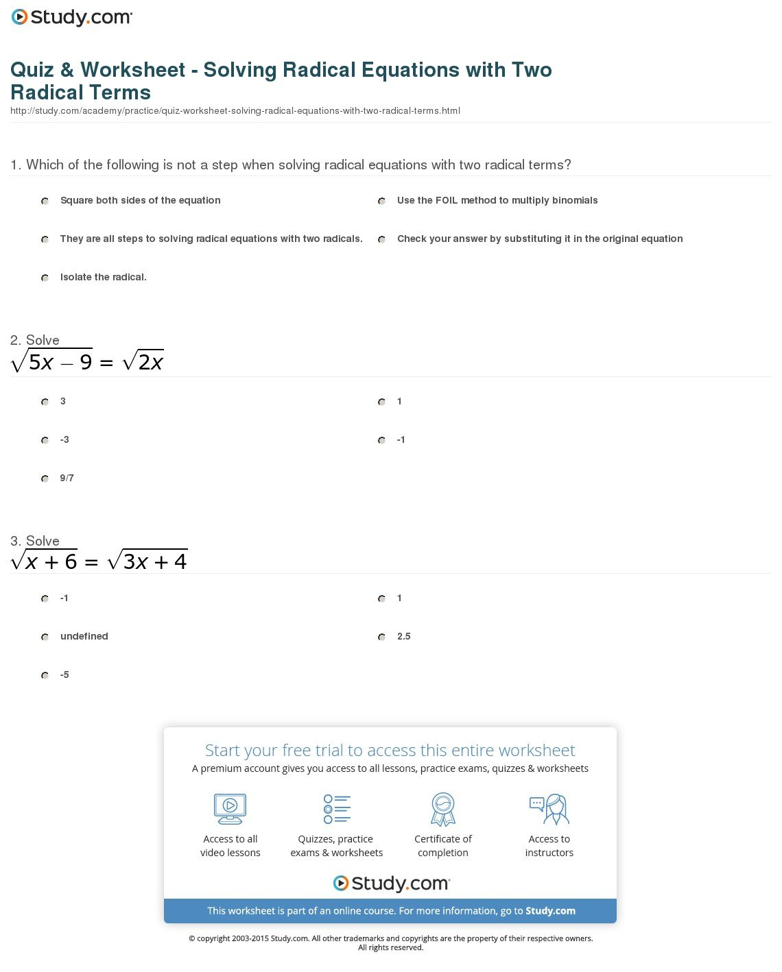 Quiz  Worksheet  Solving Radical Equations With Two Radical Terms Inside Solving Radical Equations Worksheet Answers