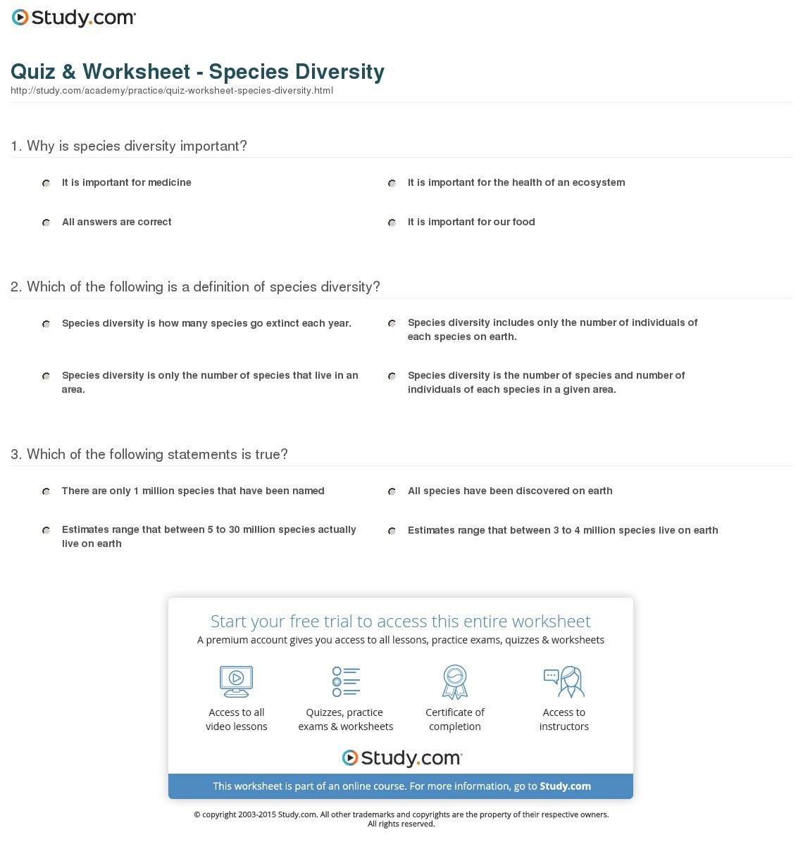 Quiz  Worksheet  Species Diversity  Study Throughout Diversity Worksheets For Middle School