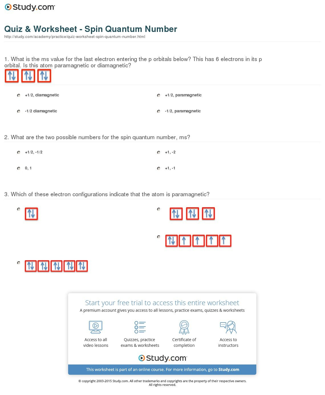Quiz  Worksheet  Spin Quantum Number  Study With Regard To Quantum Numbers Practice Worksheet