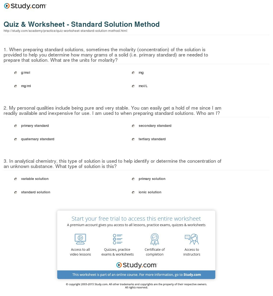 Quiz  Worksheet  Standard Solution Method  Study Intended For Solutions Worksheet Answers Chemistry