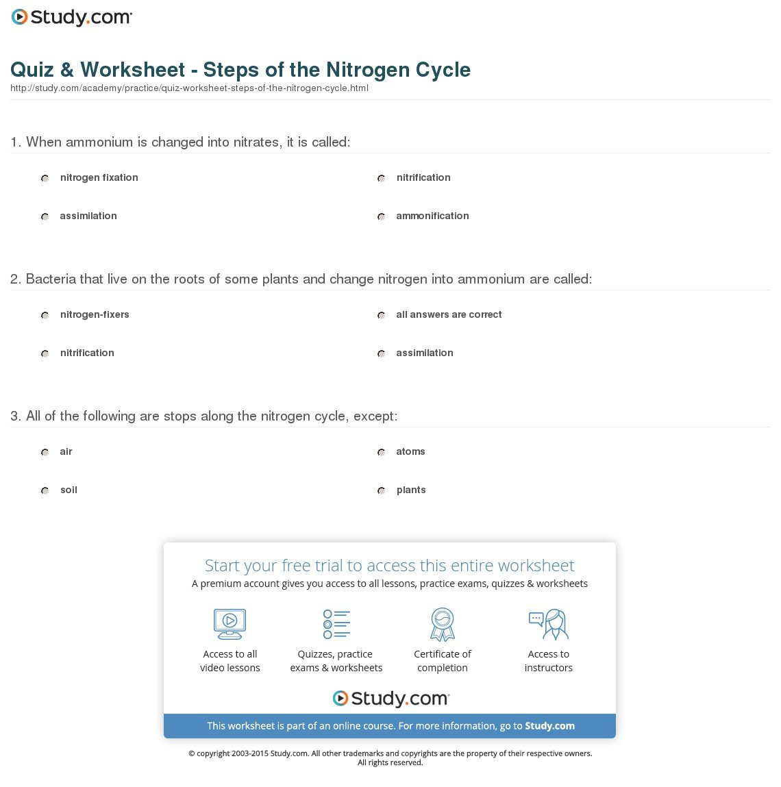 Quiz  Worksheet  Steps Of The Nitrogen Cycle  Study Throughout Nitrogen Cycle Worksheet