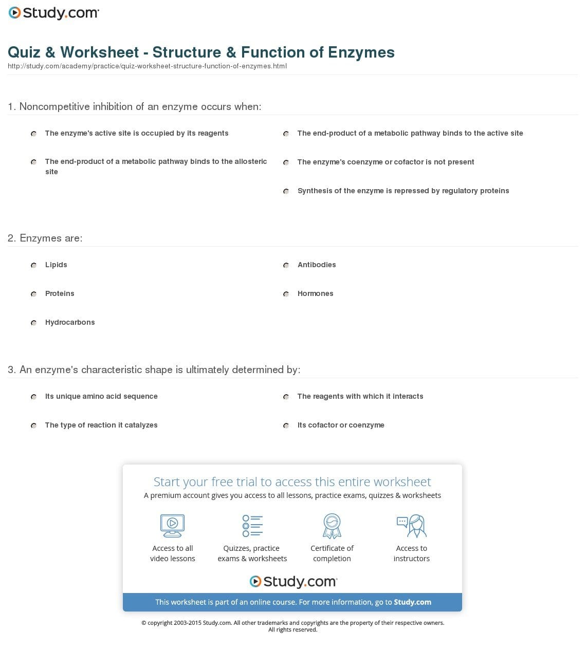 Quiz  Worksheet  Structure  Function Of Enzymes  Study Regarding Enzymes And Their Functions Worksheet Answers