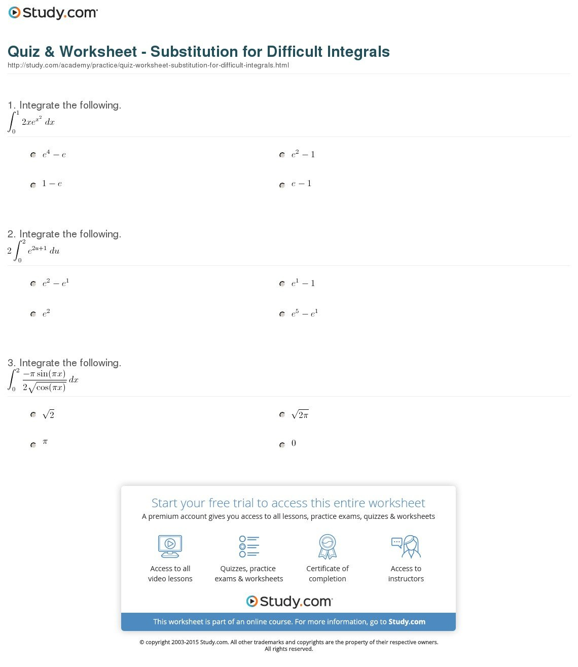 Quiz  Worksheet  Substitution For Difficult Integrals  Study Also Integration By Substitution Worksheet