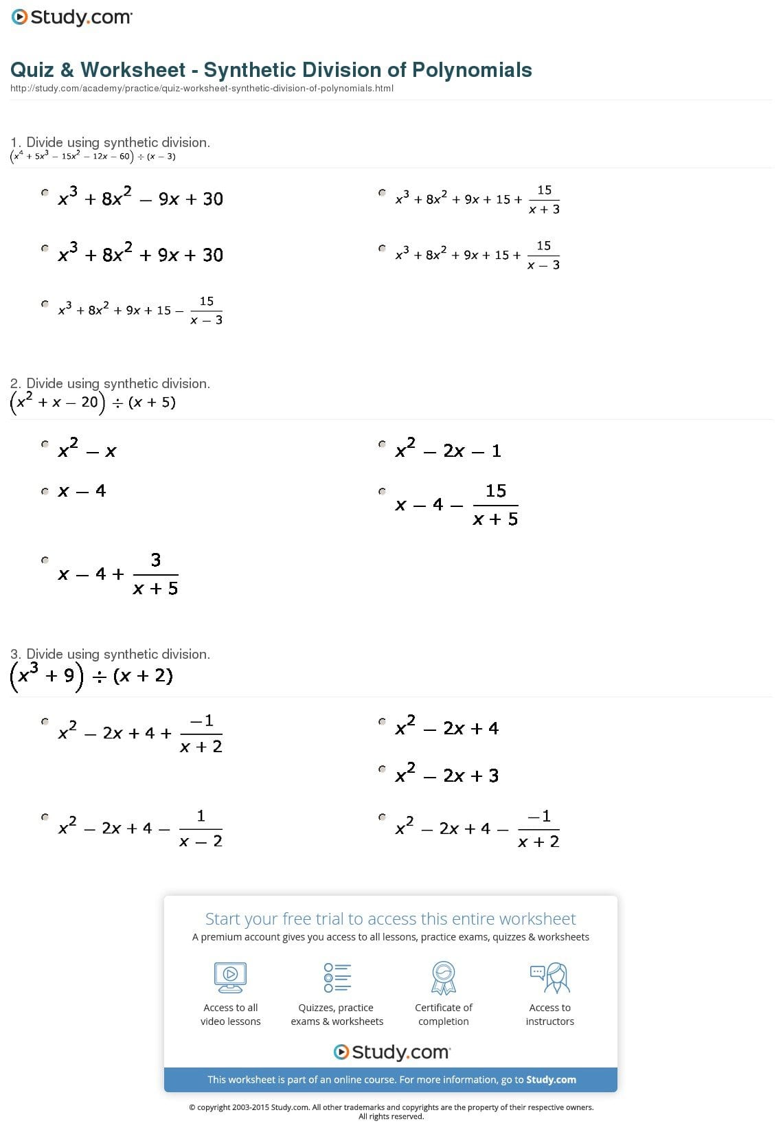 Quiz  Worksheet  Synthetic Division Of Polynomials  Study Intended For Dividing Polynomials Long And Synthetic Division Worksheet Answers