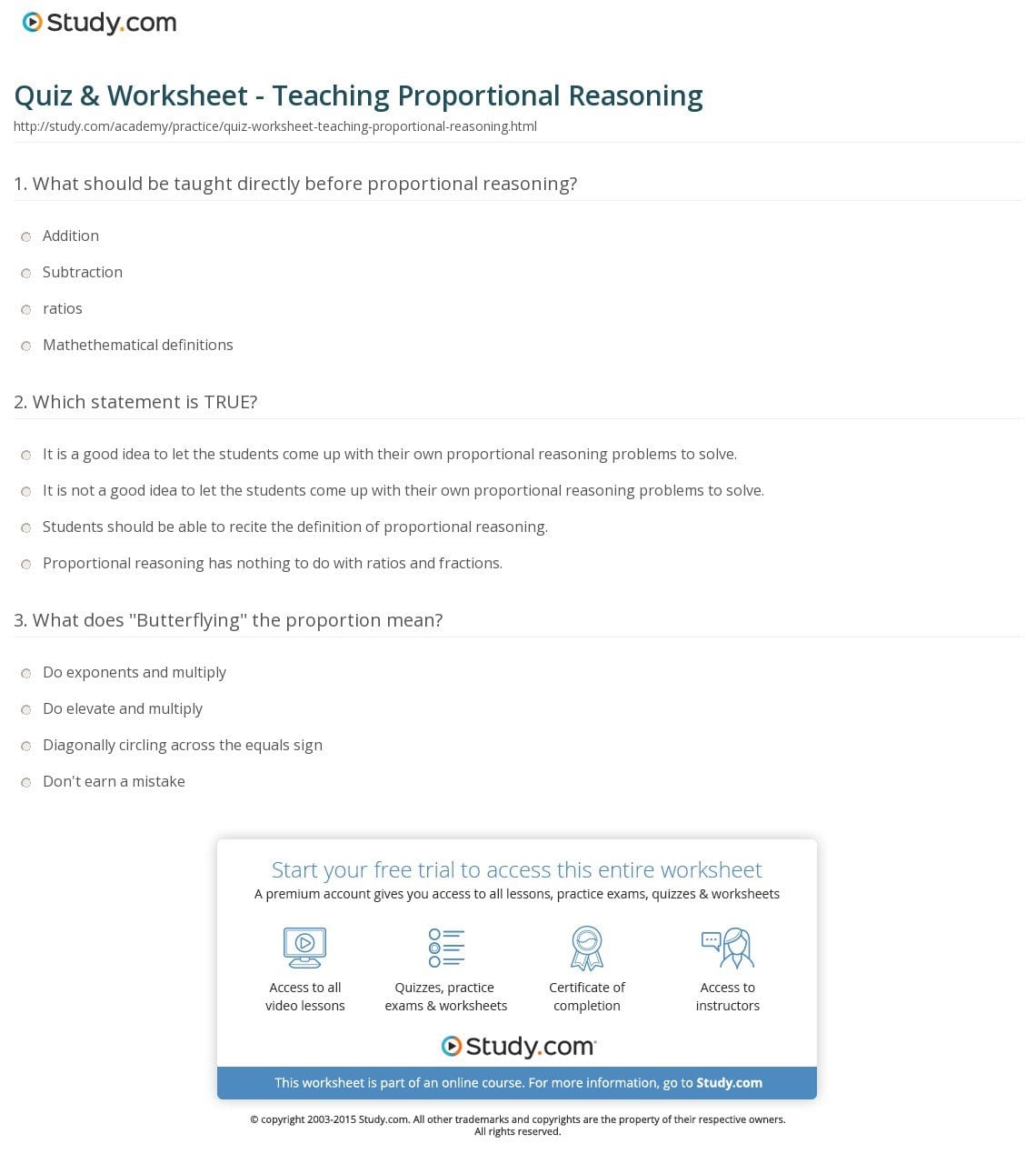 Quiz  Worksheet  Teaching Proportional Reasoning  Study With Regard To Proportional Reasoning Worksheet