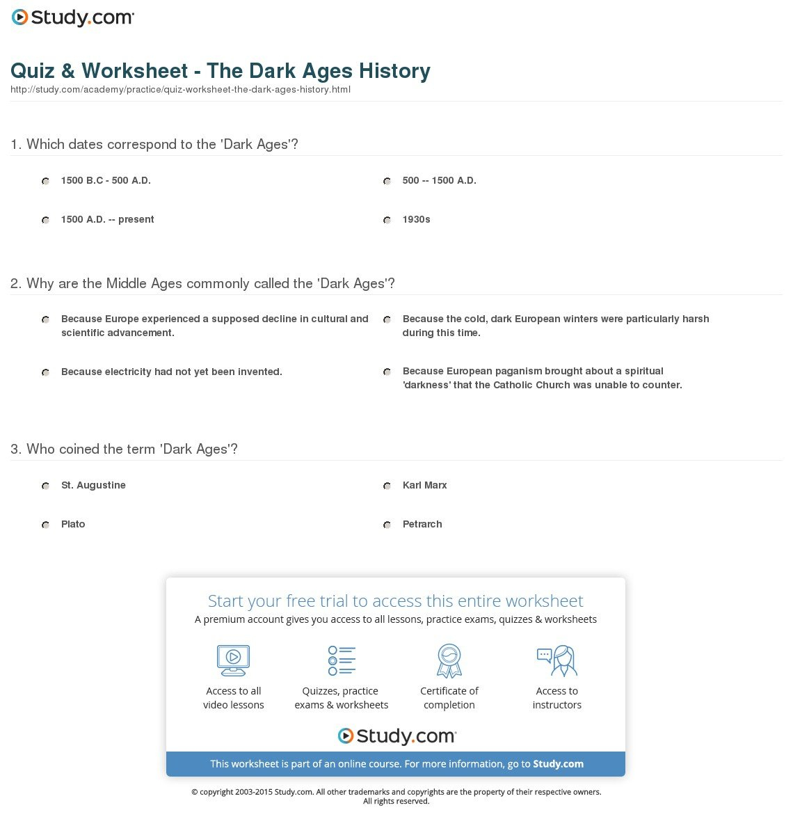 Quiz  Worksheet  The Dark Ages History  Study Regarding Middle Ages Timeline Worksheet