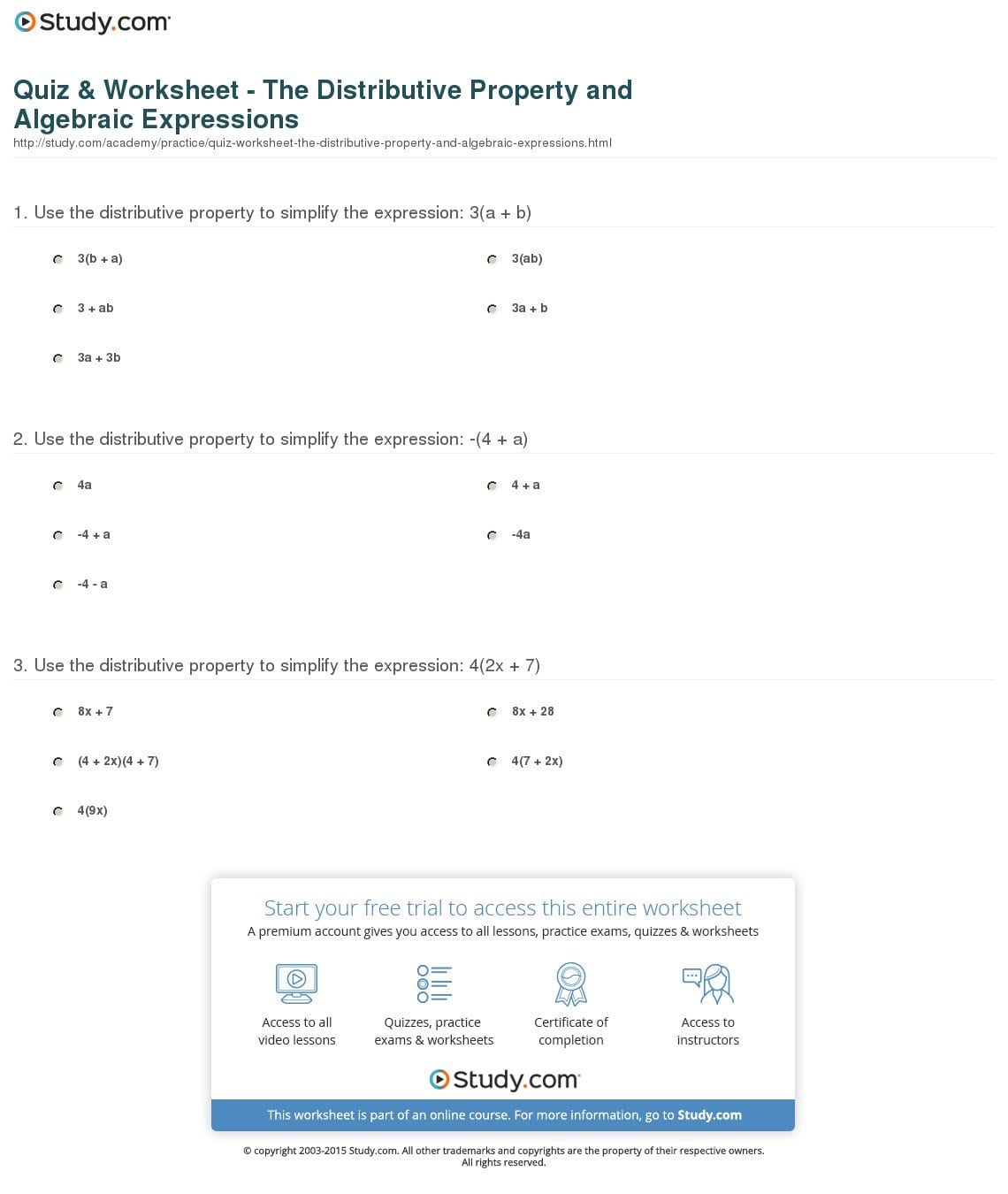 Quiz  Worksheet  The Distributive Property And Algebraic Throughout Distributive Property With Variables Worksheet