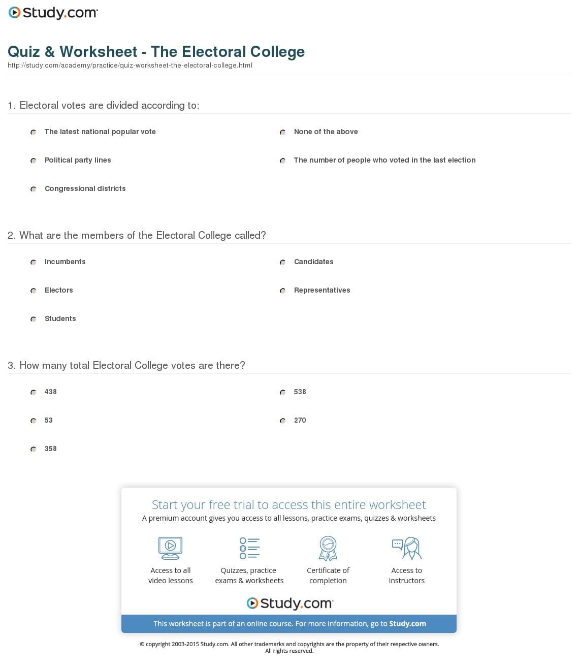 Quiz  Worksheet  The Electoral College  Study Regarding Electoral College Worksheet