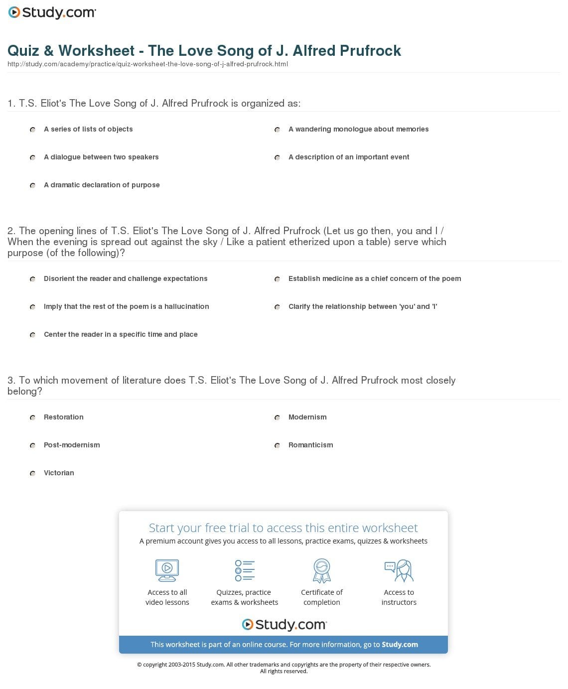 Quiz  Worksheet  The Love Song Of J Alfred Prufrock  Study For Prufrock Analysis Worksheet Answer Key