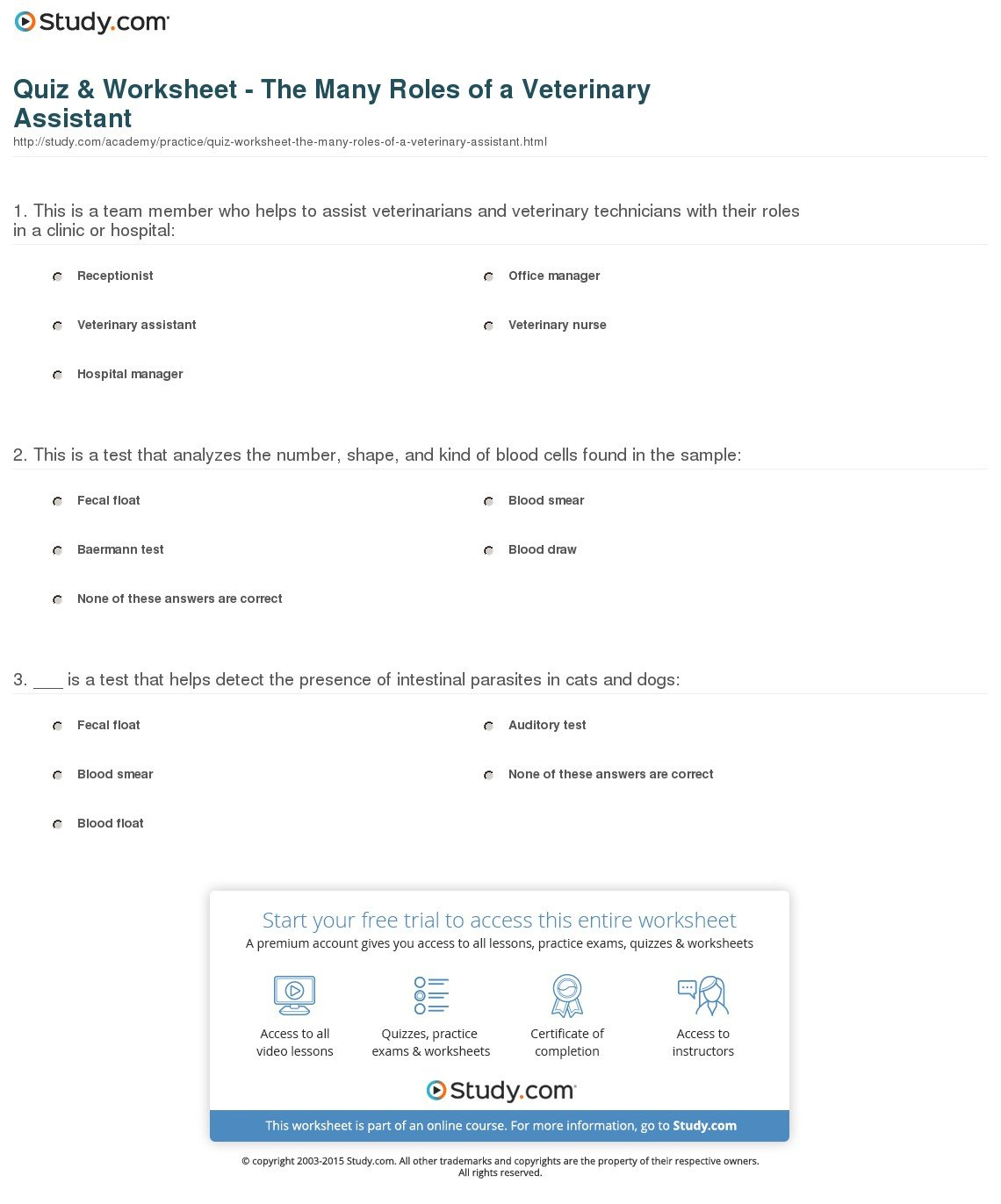 Quiz  Worksheet  The Many Roles Of A Veterinary Assistant  Study Pertaining To Veterinary Math Worksheets