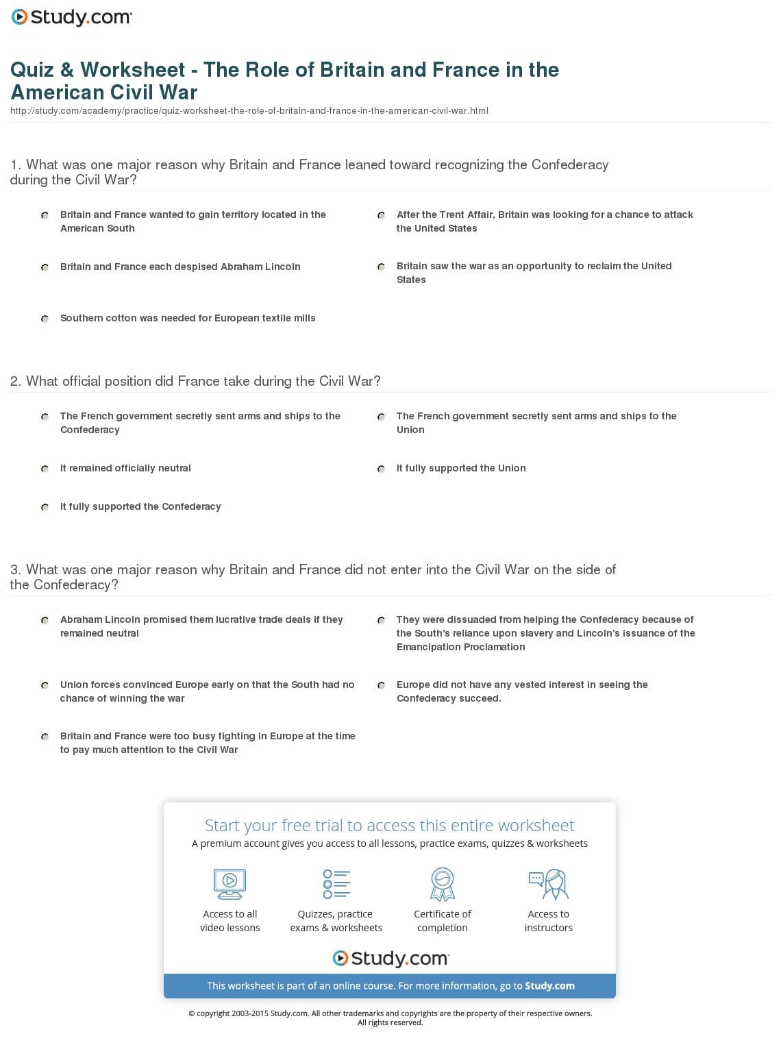 Quiz  Worksheet  The Role Of Britain And France In The American Throughout American Civil War Reading Comprehension Worksheet Answers